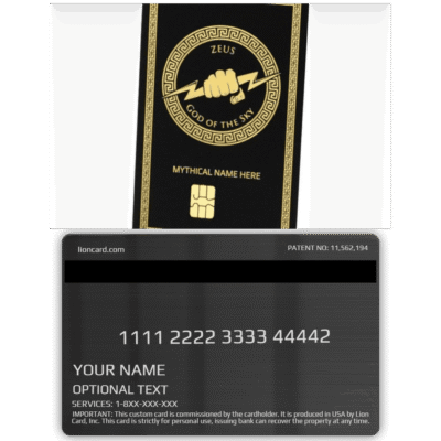 Lion Card themed mythology-inspired credit card with gold accents and customizable name, designed for flexible financial services and secure, exclusive membership options.