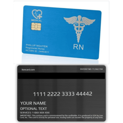 Blue medical professional ID card with caduceus symbol and RN title, personalized name, and certification details.