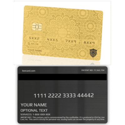 Lion card with intricate gold design and embedded chip for secure transactions.