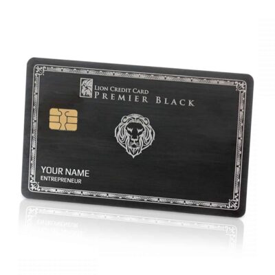 Premium black Lion Card with gold chip, featuring a lion logo and customizable name for entrepreneurs, ideal for business and credit card branding.