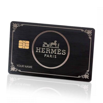 Luxurious Hermes Paris-themed RFID smart card with custom name inscription, black and silver design, ideal for high-end fashion access and exclusive membership benefits.