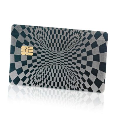 Vivid black and white optical illusion patterned Lion Card with embedded chip, ideal for contactless payments and rewards - sleek design emphasizing innovation and digital convenience.