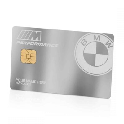 BMW Performance loyalty card with BMW logo, sleek silver design, and gold chip for reward point tracking.