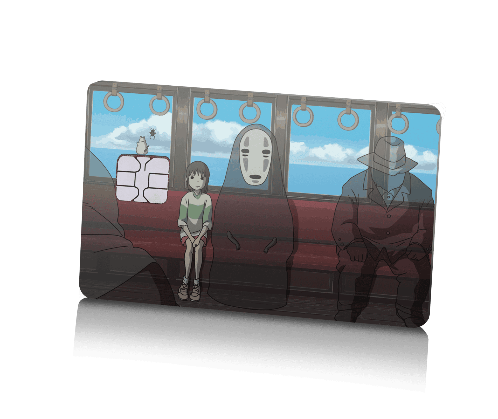 1. Anime-inspired girl sitting on a bus with a No Face mask from Studio Ghibli, scenic ocean view, and traditional design elements, promoting Lion Card digital and mobile payment solutions.