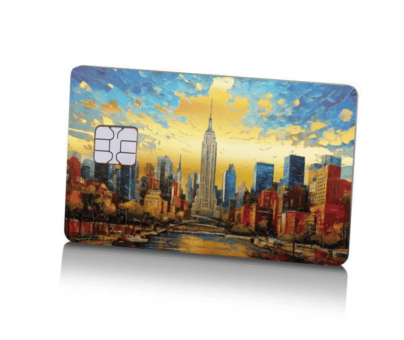 NYC skyline art-inspired Lion Card with Empire State Building and vibrant colors, perfect for city lovers and collectible card enthusiasts.