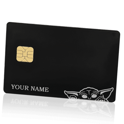 1. Custom black LED light-up loyalty card with Yoda graphic, personalized with your name, ideal for Star Wars fans and rewards programs.