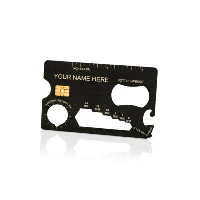 Mini multi-tool card with laser-engraved customization options, featuring a bottle opener, ruler, screwdriver, and more for versatile everyday carry. Perfect for personalized gifts or practical tools on the go.
