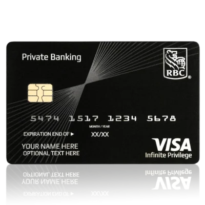 VISA Lion Card for private banking, black credit card with gold chip, luxury payment card, RBC branding, infinite privilege, exclusive financial services, high-end debit card, premium banking card.