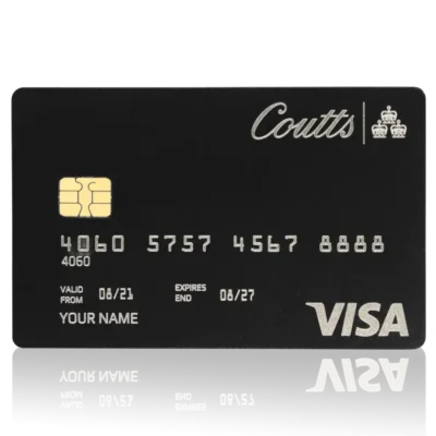 VISA Lion Card credit card featuring a sleek black design with the Coutts logo and gold EMV chip, ideal for luxury banking and premium financial transactions.