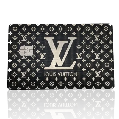 Luxurious Louis Vuitton monogram pattern card with LV logo, designer emblem, and stylized floral motifs, showcasing high-end fashion branding for exclusivity and elegance.