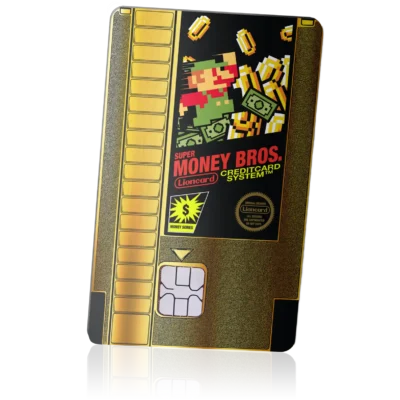 Lion Card Super Money Bros pixel art credit card with gold design, video game-inspired graphics, and embedded chip for secure transactions. Perfect for collectors and gaming enthusiasts.