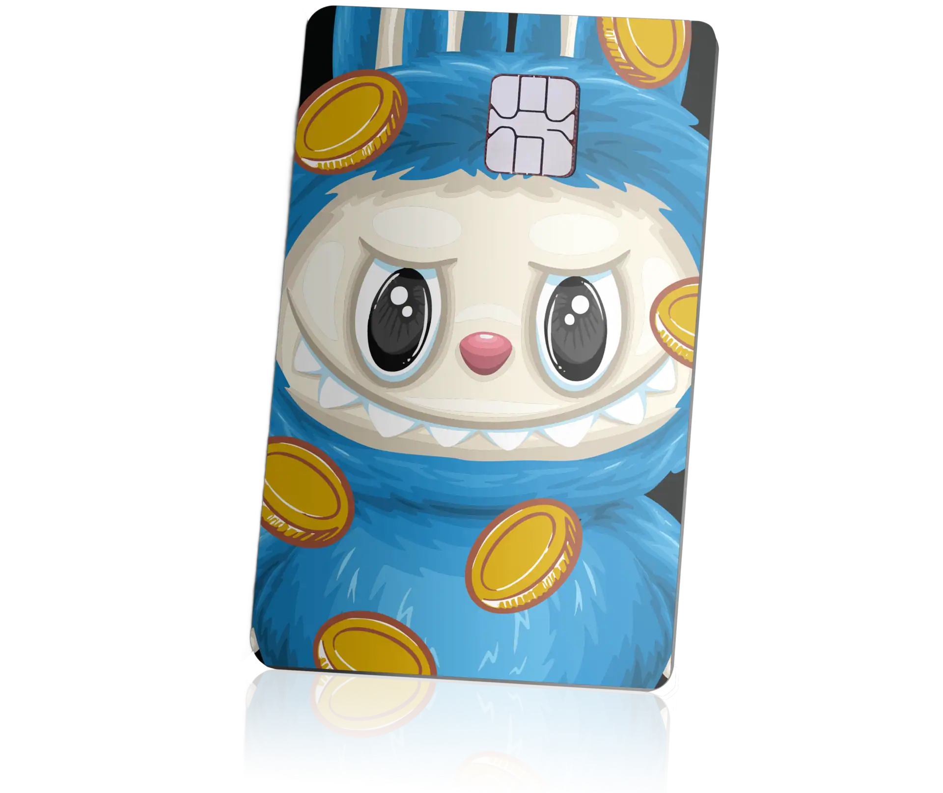 1. Cute blue lion-themed loyalty card featuring a playful lion face with large eyes, surrounded by gold coins, ideal for promotions and rewards.