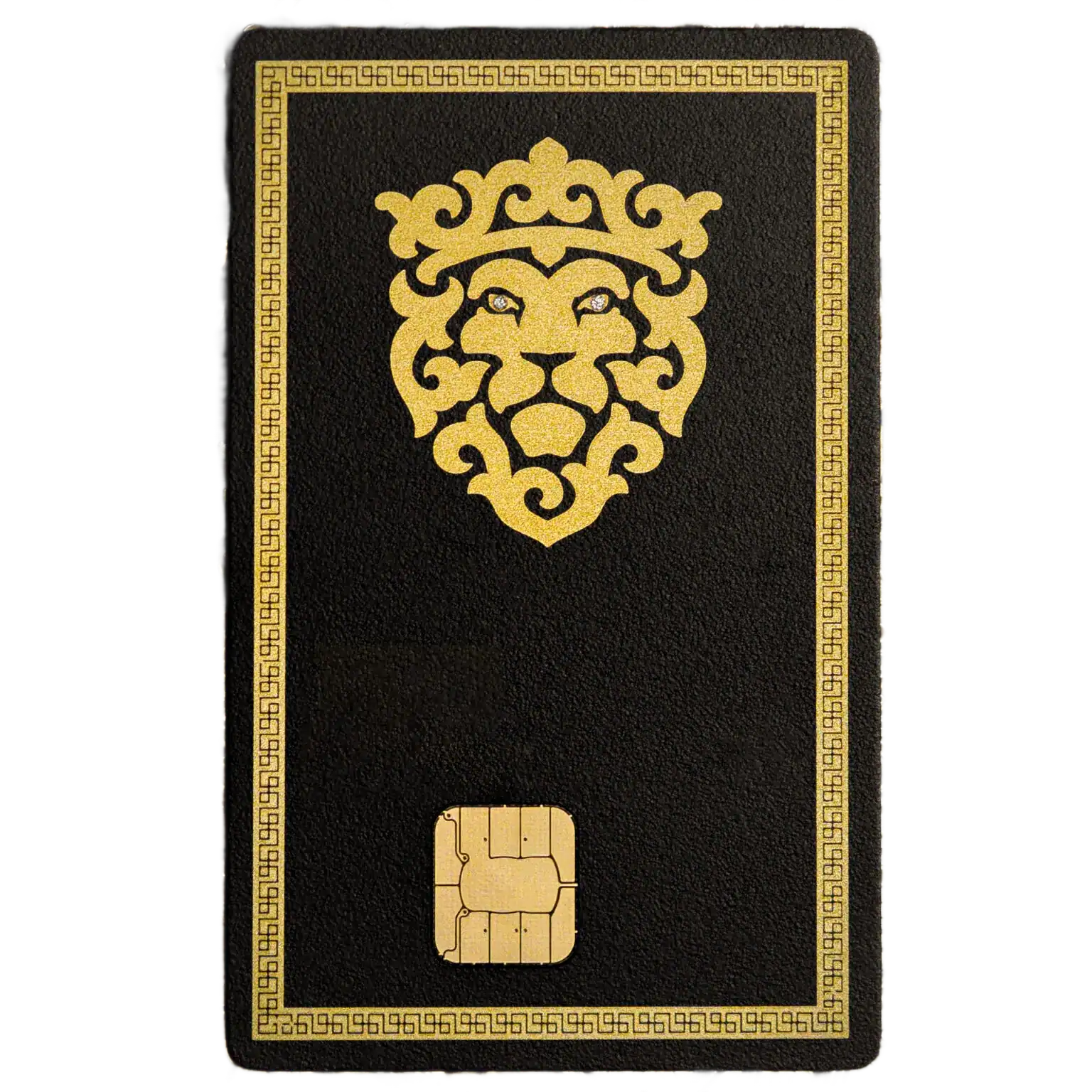 Luxurious black and gold Lion-themed credit card with intricate lion head design, elegant border, and embedded chip, symbolizing strength and prestige for high-end financial services.