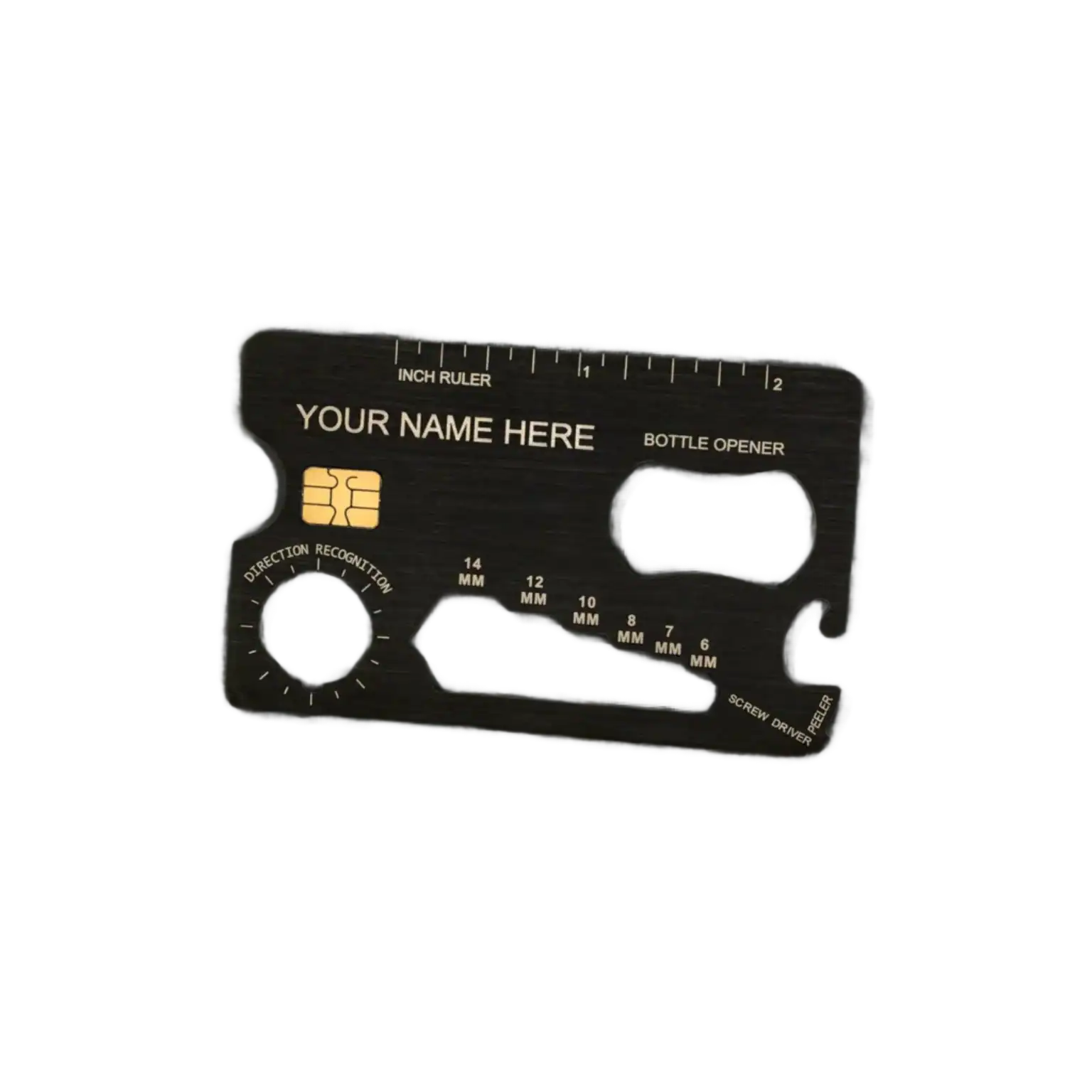 Customizable laser-engraved multi-tool card with bottle opener, ruler, and screwdriver in black, ideal for fitness enthusiasts, outdoor adventurers, or personalized gift ideas.