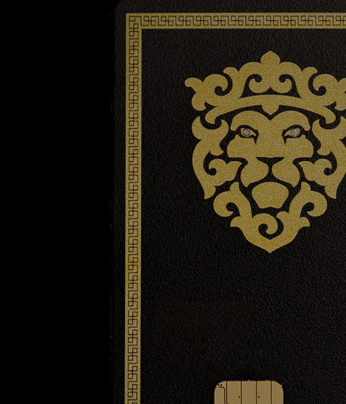 Luxurious black leather Lion Card with a gold embossed lion head emblem and intricate border design, symbolizing strength and prestige, perfect for exclusive reward programs and elite benefits.