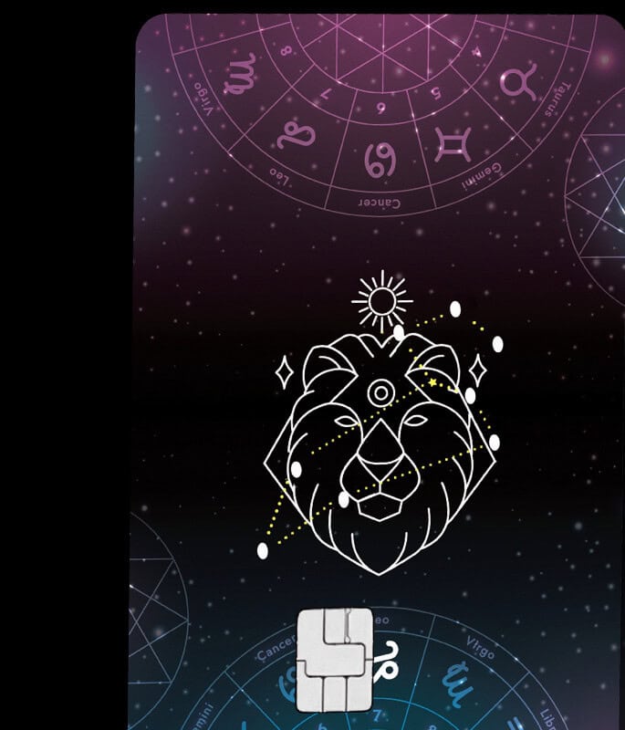 Celestial zodiac lion illustration with star constellation design for Lion Card branding and astrology-themed digital card solutions.