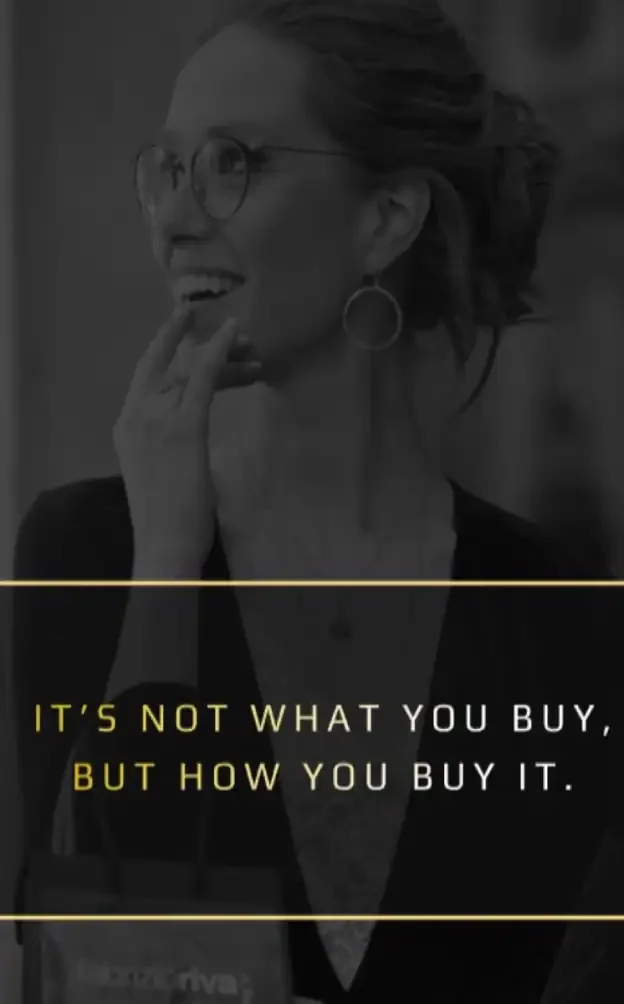 A woman smiling thoughtfully, wearing glasses and earrings, with an empowering quote about buying decisions.