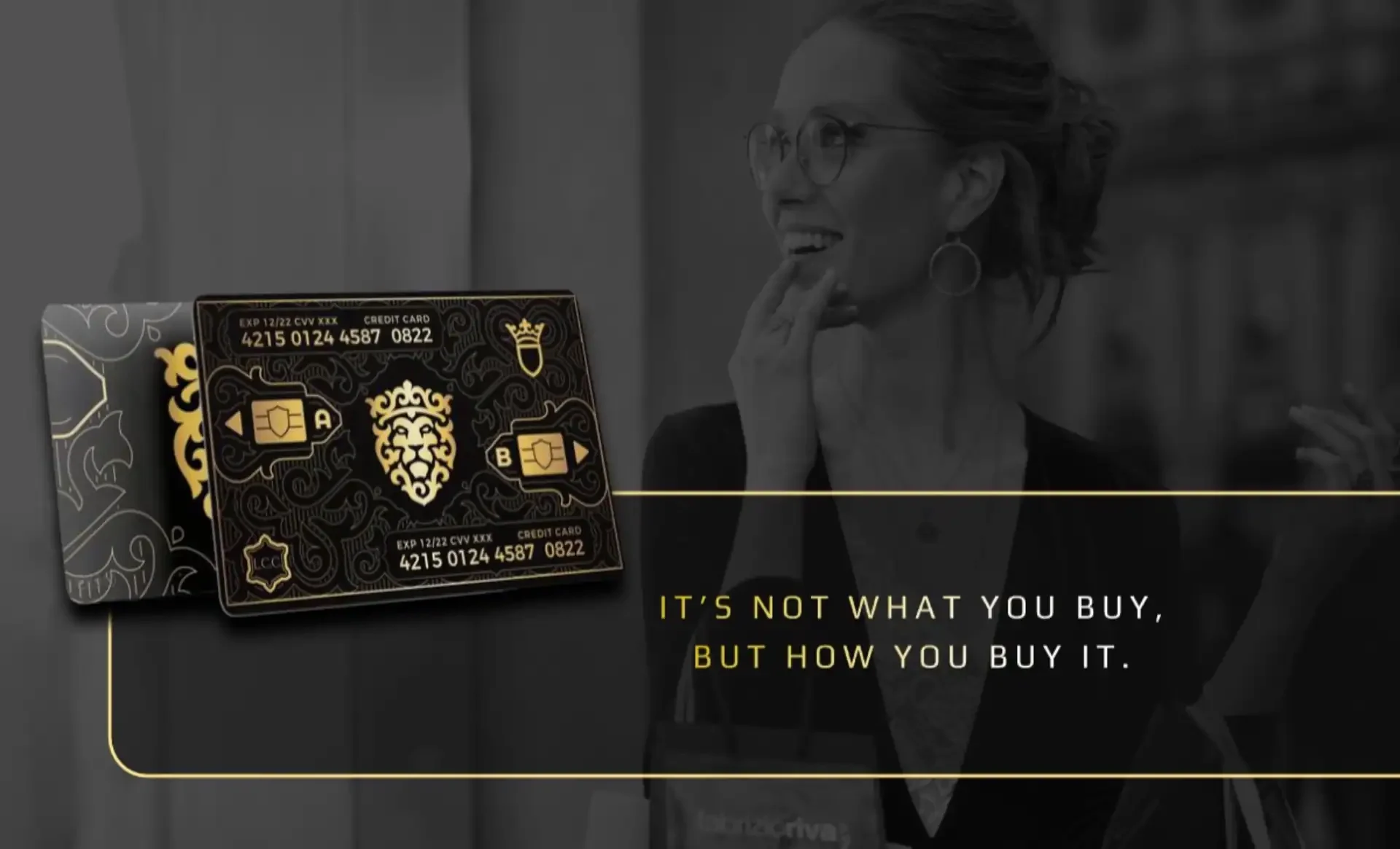 Luxurious lion-themed credit card design with gold accents on black background, symbolizing strength and prestige. Perfect for exclusive, high-end financial services and premium rewards programs.