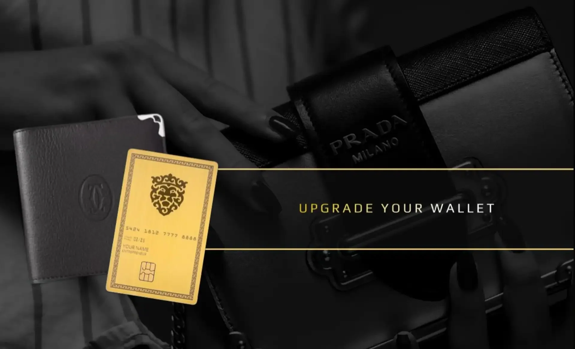 Luxury gold lion logo on enterprise credit card for premium wallet upgrade, black Prada bag, and black wallet in stylish composition. Perfect for luxury financial products or high-end accessories SEO.