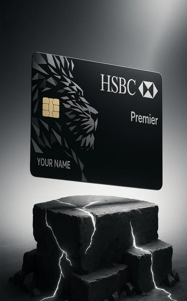 HSBC Lion Card premium credit card with sleek black design featuring a lion illustration and chip, highlighting exclusivity and power in financial services.