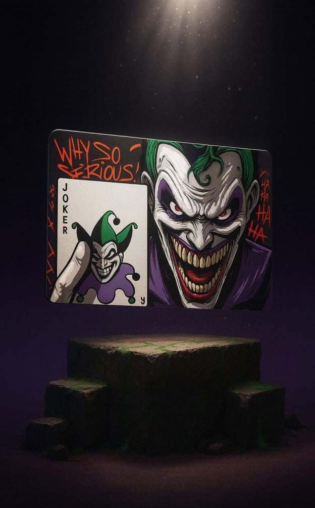 Joker card featuring a vibrant, menacing illustration of the iconic comic book villain, Joker, with bold colors and exaggerated facial expressions, set against a dark background.