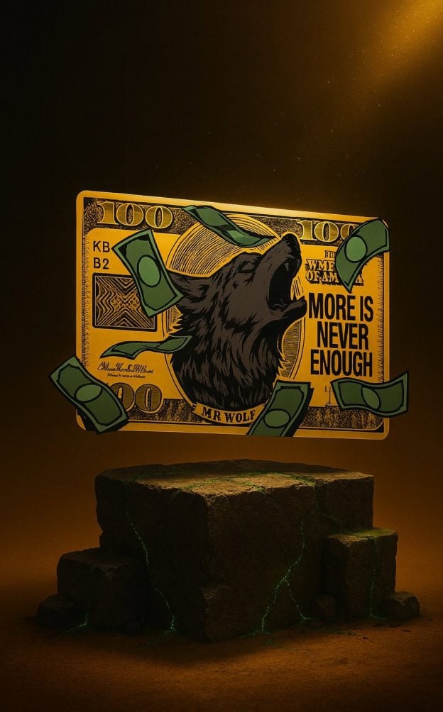 100-dollar bill featuring a fierce wolf illustration with the phrase "More is never enough" and "Mr. Wolf," surrounded by flying money, illuminated against a dark background.